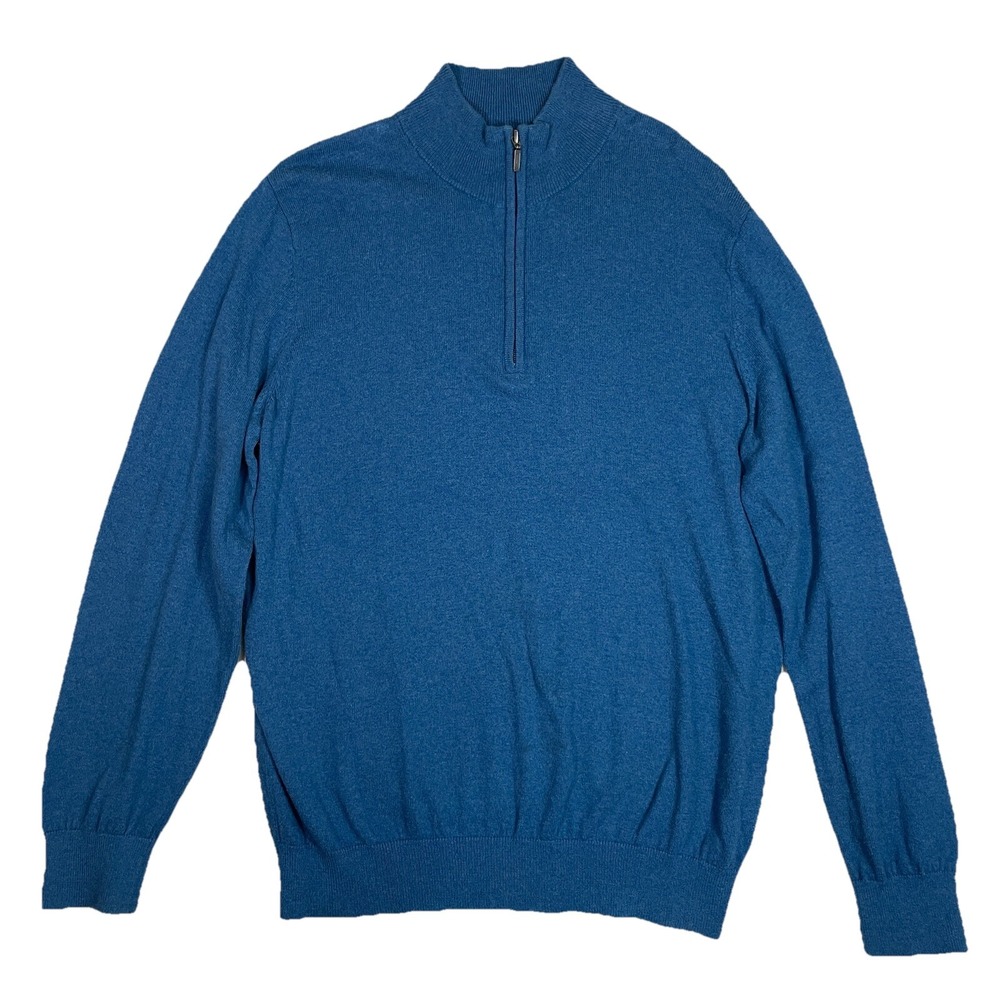 LL Bean Cashmere Cotton Blend 1/4 Zip Pullover Men's Mock Neck Sweater Blue Med
